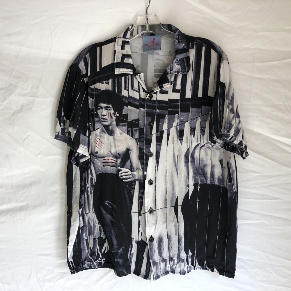Bruce Lee Shirt Mens Medium Black Photo Graphic Rayon Short Sleeve Button Front